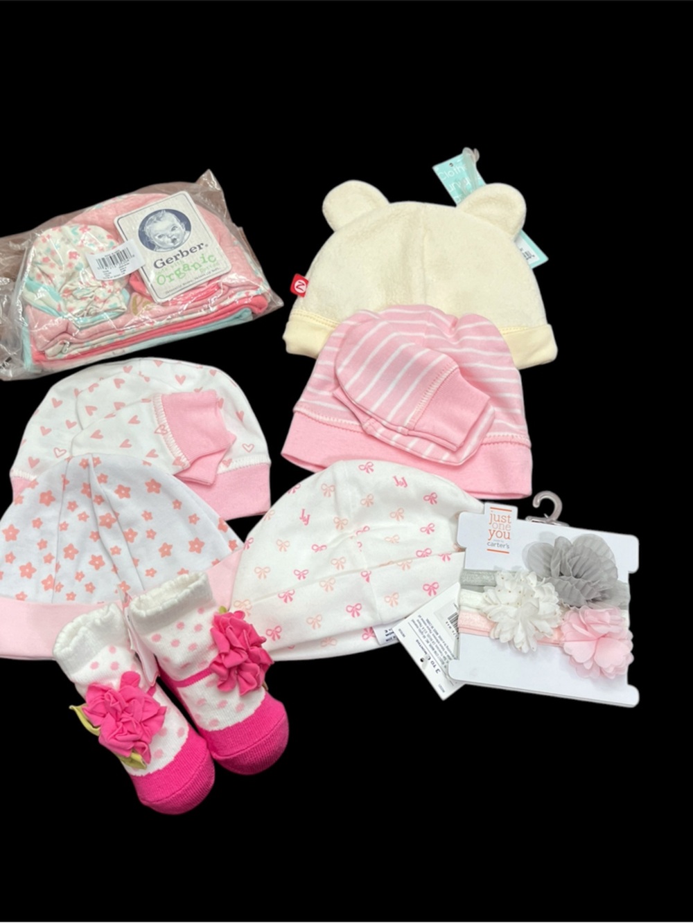 Gerber Baby Pink and Cream Newborn Hat & Accessory Set plus
